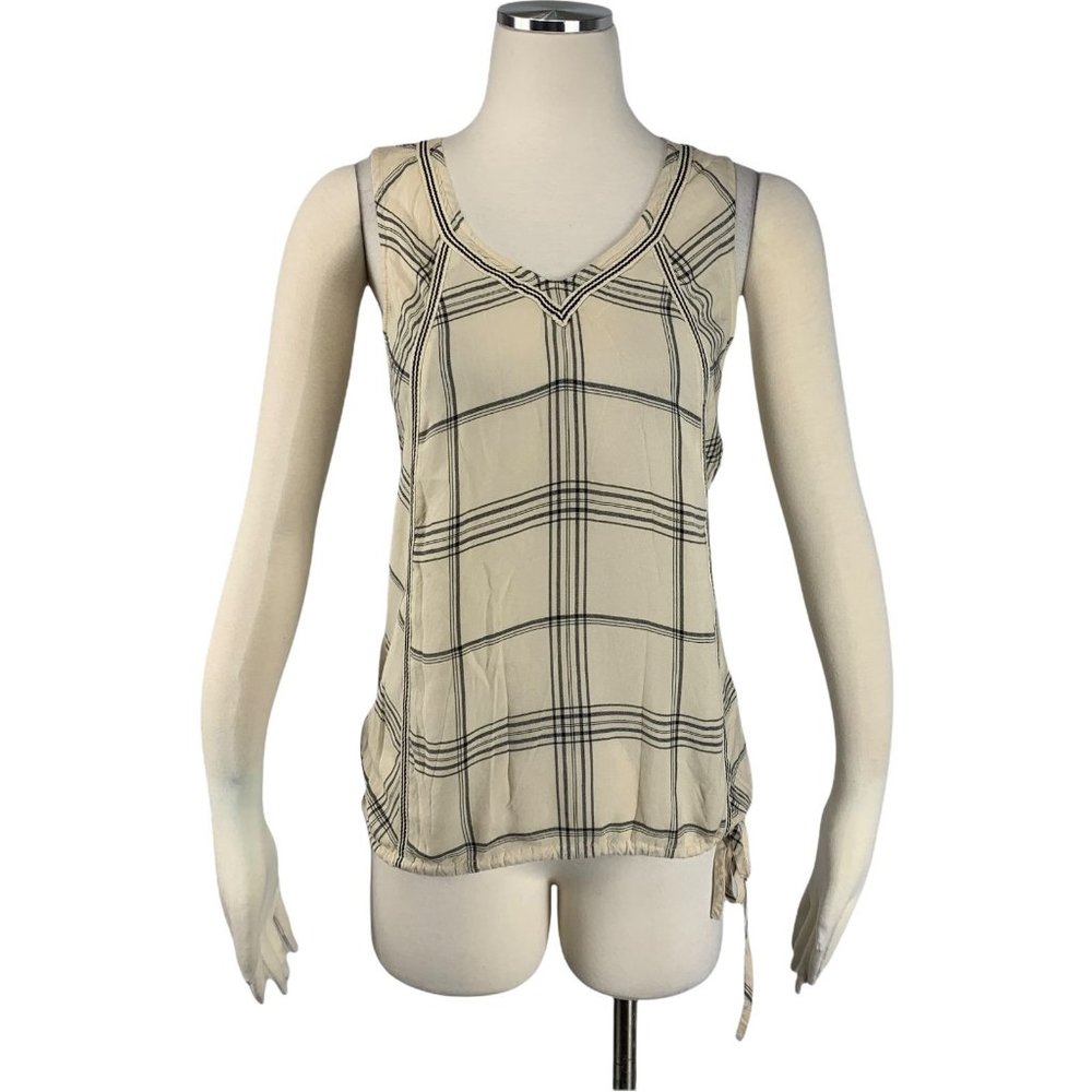 Lucky Brand Small Top Sleeveless Ivory Black Plaid Side Tie Rayon